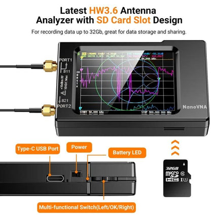 Portable Vector Network Analyzer for Radio Frequency Antenna Testing handheld NanoVNA with SD card slot and built-in battery for field measurements