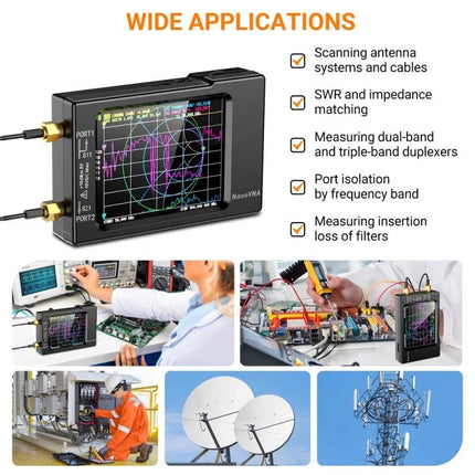 Portable Vector Network Analyzer for Radio Frequency Antenna Testing - compact handheld VNA with MicroSD and built-in battery for field antenna measurements