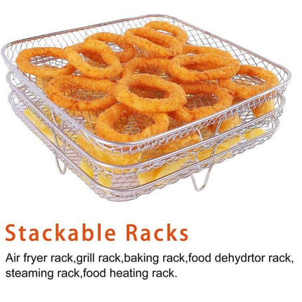 Air Fryer Accessories Three Layer Steam Rack Stackable stainless steel stackable trays with onion rings on three removable tiers