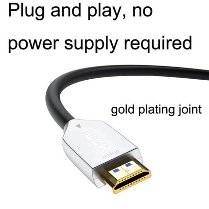 Fiber Optical HDMI Cable for Long-Distance Device Connections showing gold-plated connector, plug-and-play no external power required