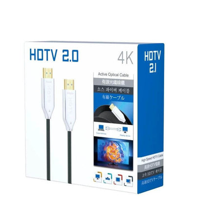 Fiber Optical HDMI Cable for Long-Distance Device Connections - 4K HDTV active optical HDMI cable packaging, gold connectors, black cable