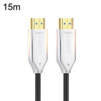 Fiber Optical HDMI Cable for Long-Distance Device Connections - 15m silver HDMI cable with gold connectors labeled Source and Display