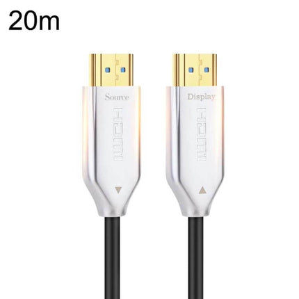 Fiber Optical HDMI Cable for Long-Distance Device Connections - 20m gold-plated connectors, labeled Source and Display, supports 4K over optical fiber