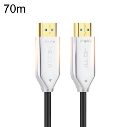 Fiber Optical HDMI Cable for Long-Distance Device Connections white connectors labeled Source and Display, gold-plated HDMI ends, 70m cable