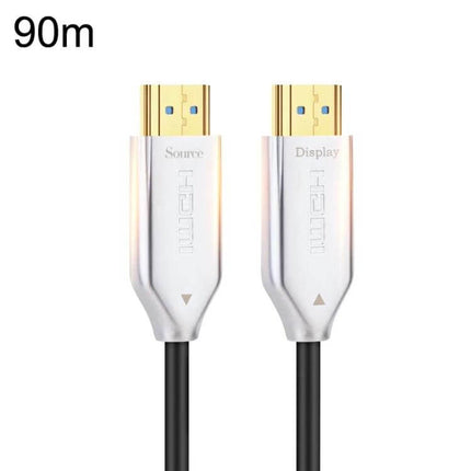Fiber Optical HDMI Cable for Long-Distance Device Connections - 90m silver HDMI fiber cable with labeled Source and Display connectors, gold-plated tips