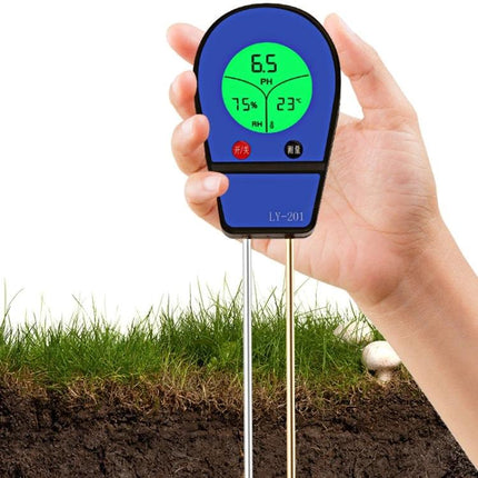 Soil pH, Moisture, and Temperature Tester for Gardening Use held over soil showing digital pH 6.5 moisture 75% and temperature 23°C