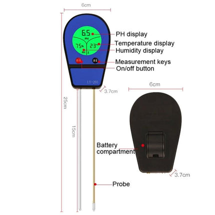 Soil pH, Moisture, and Temperature Tester for Gardening Use - 3-in-1 digital soil probe showing pH, moisture, temperature displays and probe dimensions
