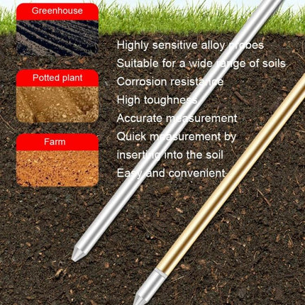 Soil pH, Moisture, and Temperature Tester for Gardening Use showing metal probe inserted in soil for greenhouse, potted plant and farm measurements