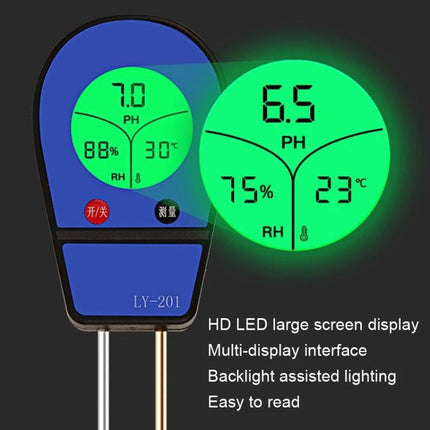 Soil pH, Moisture, and Temperature Tester for Gardening Use with LED backlight showing pH 6.5, moisture 75% and temperature 23°C