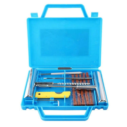 Compact Tire Repair Tool Set for Roadside Emergency Fixes in blue case with reamers, insertion tool, plugs and T-handle for quick tire puncture repairs