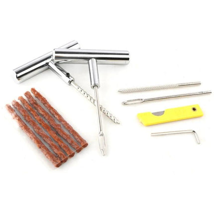 Compact Tire Repair Tool Set for Roadside Emergency Fixes with T-handle reamer, insertion tool, plugs and blade for quick roadside tire puncture repair