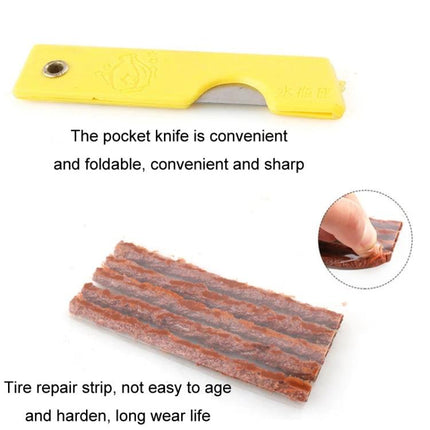 Compact Tire Repair Tool Set for Roadside Emergency Fixes showing pocket knife, tire repair strip and puncture plug