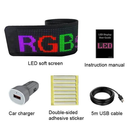 Car LED Flexible Display with Bluetooth App Control showing RGB LED soft screen, car charger, adhesive strips and 5m USB cable
