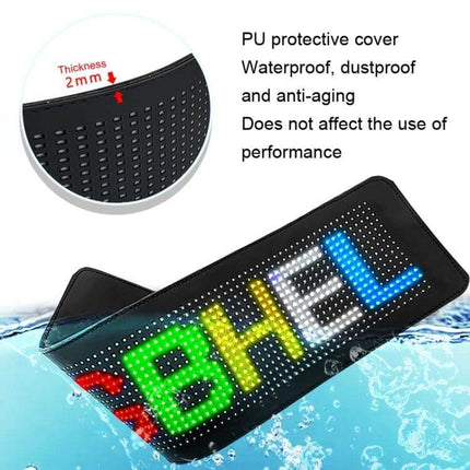 Car LED Flexible Display with Bluetooth App Control showing waterproof PU cover, bendable LED name display on dashboard with colorful pixels