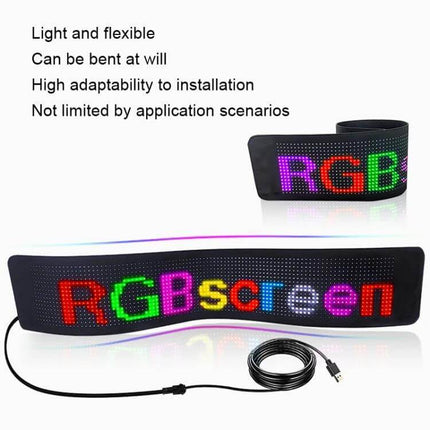 Car LED Flexible Display with Bluetooth App Control showing flexible RGB screen bent to fit dashboard with USB cable