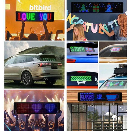 Car LED Flexible Display with Bluetooth App Control showing colorful bendable LED signs used on cars, events, and home decor