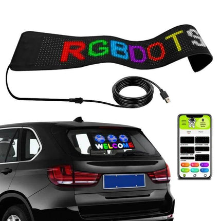 Car LED Flexible Display with Bluetooth App Control showing bendable RGB dot matrix strip, USB cable, app phone screen and installed welcome message on car rear window