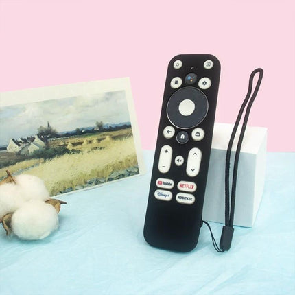 Soft Silicone Protective Cover for ONN Android TV Remote Control on black remote with wrist strap, spill- and drop-resistant grip