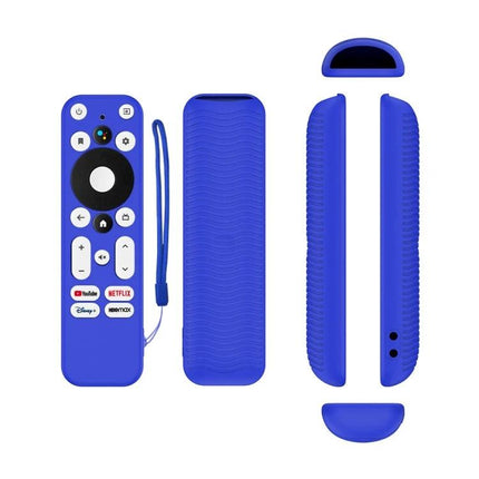 Soft Silicone Protective Cover for ONN Android TV Remote Control in blue, full set showing front, back, sides and wrist strap