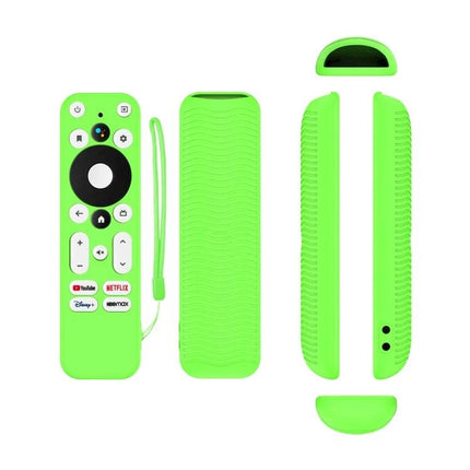 Soft Silicone Protective Cover for ONN Android TV Remote Control in bright green, full set showing front, back, sides and wrist strap