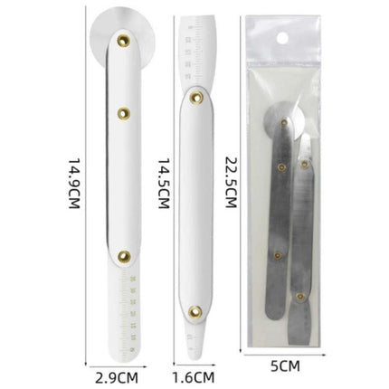 2-in-1 Roller Screen Removal Tool for Smartphones and Tablets showing stainless steel roller and spatula set with dimensions and pouch