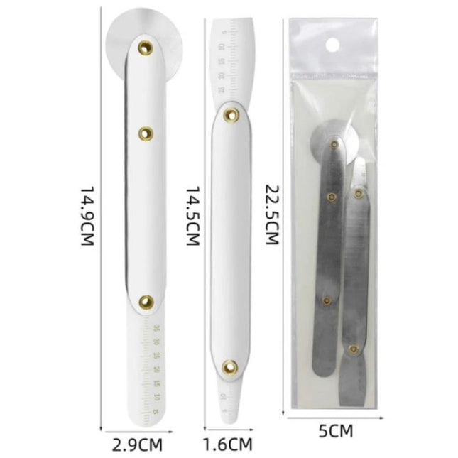 2-in-1 Roller Screen Removal Tool for Smartphones and Tablets showing stainless steel roller and spatula set with dimensions and pouch