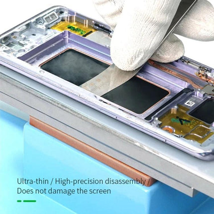 2-in-1 Roller Screen Removal Tool for Smartphones and Tablets being used to lift a curved phone screen safely with stainless steel blade