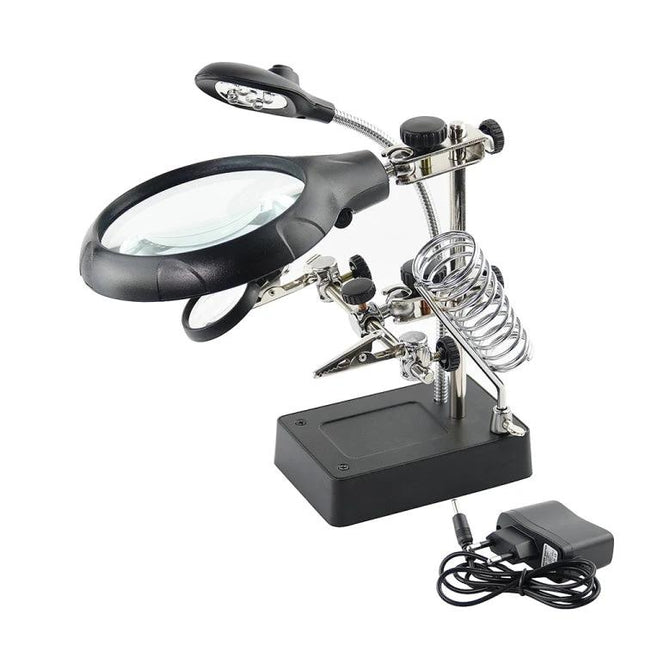 Maintenance Magnifier with LED Light for Precision Tasks showing adjustable stand, 2.5X 7.5X 10X lenses, LED lamp, helping hands and power adapter