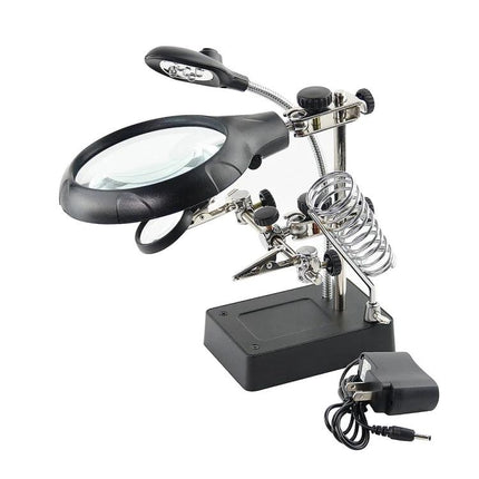 Maintenance Magnifier with LED Light for Precision Tasks - adjustable stand with 2.5X, 7.5X, 10X lenses, LED lamp and soldering holder