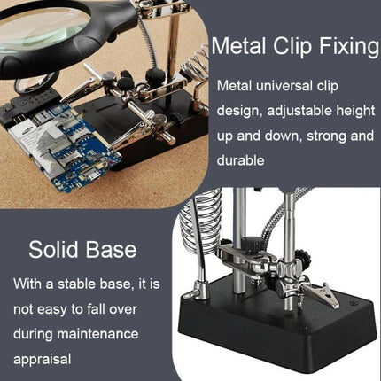 Maintenance Magnifier with LED Light for Precision Tasks showing metal clip fixing and solid base for circuit repair and watchmaking