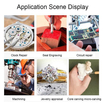 Maintenance Magnifier with LED Light for Precision Tasks showing watch repair, circuit board work, jewelry appraisal and micro-carving with bright illumination