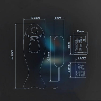 SIM Card Extractor for Easy Phone Card Removal compact silicone tool with dimensions blueprint showing 52.3mm length and card slot sizes