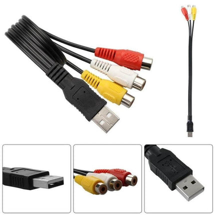 USB to 3 RCA AV Cable for Connecting Devices to TV, 1.5 Meters - all-copper USB to 3 RCA lead with yellow video and red/white audio connectors