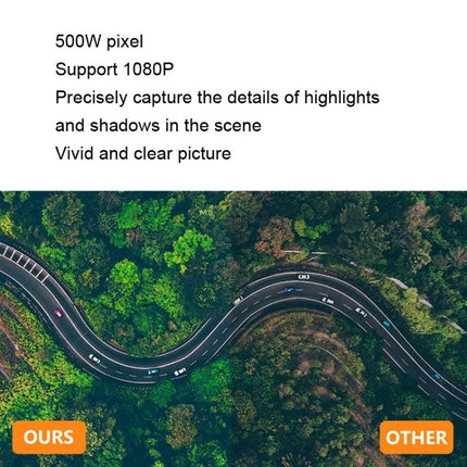 Autofocus 5MP Camera Module for Smart Home Devices showing aerial road image with vivid 1080P detail comparison
