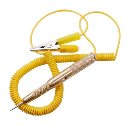 Practical LED Test Pen for Home Vehicle Repair Tasks showing yellow coiled lead, clip and metal tip for low-voltage troubleshooting