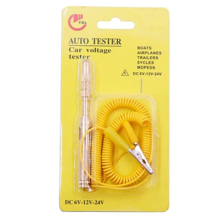 Practical LED Test Pen for Home Vehicle Repair Tasks - yellow auto tester in blister pack with coiled lead and alligator clip