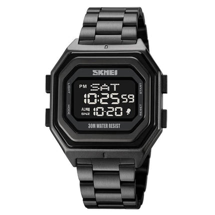 SKMEI Men's Multifunctional Outdoor Watch for Everyday Timing black digital stainless steel bracelet, dual time, countdown, 30M water resist
