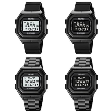 SKMEI Men's Multifunctional Outdoor Watch for Everyday Timing showing four black digital watches with dual time, countdown timer, and water-resistant design
