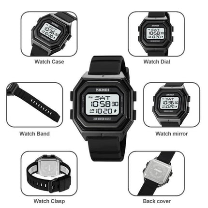 SKMEI Men's Multifunctional Outdoor Watch for Everyday Timing black digital sports watch showing dual time, countdown timer and water-resistant features