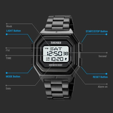 SKMEI Men's Multifunctional Outdoor Watch for Everyday Timing digital black stainless steel band with labeled buttons and display features