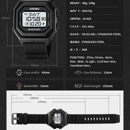SKMEI Men's Multifunctional Outdoor Watch for Everyday Timing digital black sports watch with dual time countdown timer and 30M water resistance