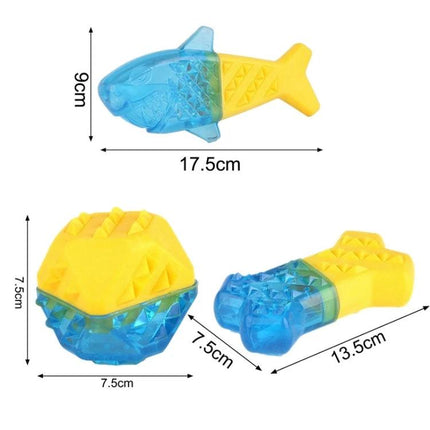 Toy Bones for Dogs During Everyday Home Play Sessions - blue and yellow TPR fish and ball chew toys, dimensions shown, freezeable for teething and cooling