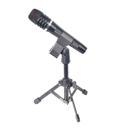 Versatile Desktop Tripod Stand for Microphones and Devices metal foldable desktop tripod holding a microphone for podcasts and video calls