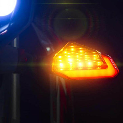 Yellow Blue Two Color V Line Motorcycle Turn Signal Light — compact LED two-color V-line indicator glowing amber for street and off-road bikes