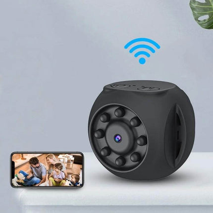 WiFi Home Security Camera with Night Vision and 360-Degree View compact black cube showing night-vision LEDs and smartphone live feed