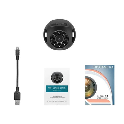 WiFi Home Security Camera with Night Vision and 360-Degree View compact black camera kit showing lens, USB cable, and manuals for home monitoring
