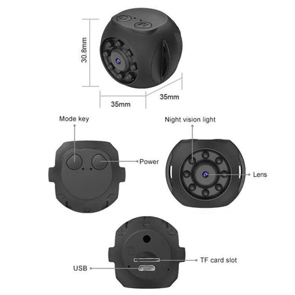 WiFi Home Security Camera with Night Vision and 360-Degree View compact 35mm cube showing lens, night vision LEDs, power/mode buttons, USB and TF card slot