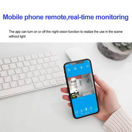 WiFi Home Security Camera with Night Vision and 360-Degree View showing smartphone app remote live view and night-vision toggle for pet and home monitoring