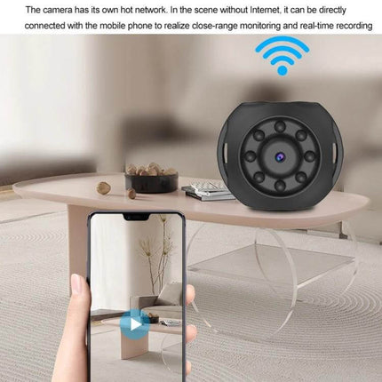 WiFi Home Security Camera with Night Vision and 360-Degree View showing compact camera on table and smartphone live hotspot connection