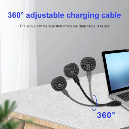 WiFi Home Security Camera with Night Vision and 360-Degree View showing 360° adjustable charging cable connected to laptop for real-time monitoring